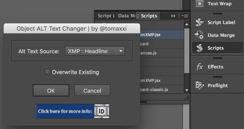 Screenshot of the script panel in InDesign and ALT text script dialogue box