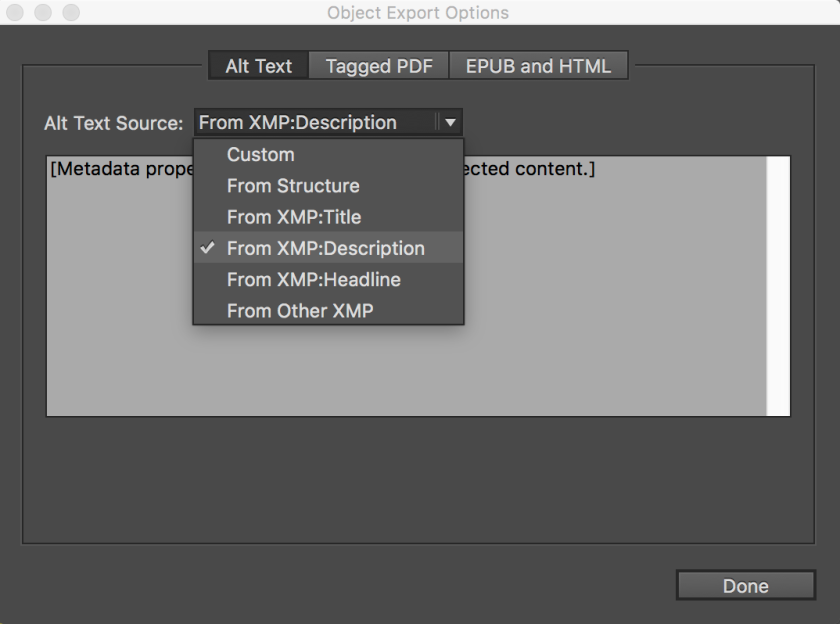 Screenshot of the object export options window in InDesign
